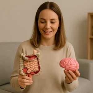 A smiling woman holds anatomical models of the human gut and brain, visually demonstrating the gut-brain connection, highlighting why the gut is often referred to as the "second brain."