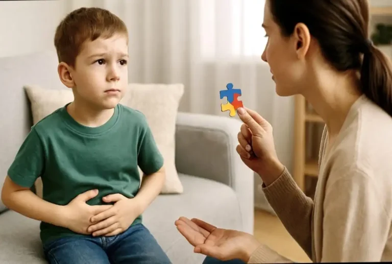A concerned young boy holding his stomach sits beside a woman showing a digestive system model and a colorful autism puzzle piece, symbolizing the connection between gut health and autism.